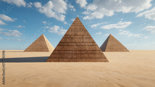 Surreal desert with floating pyramids casting long shadows under bright sky