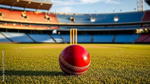 Cricket Ball on Pitch, Empty Stadium - A red cricket ball rests on the perfectly manicured pitch of an empty stadium.