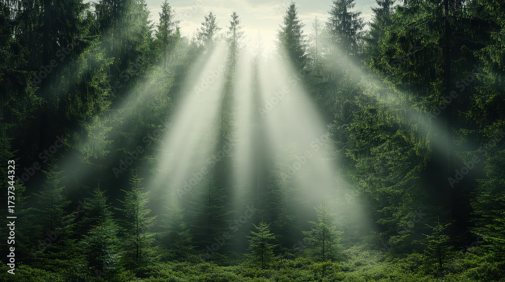 Obraz premium Mysterious light beams shining through dense pine forest, creating enchanting atmosphere