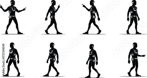 Human motion silhouettes, biomechanics analysis, motion capture markers, walking poses, body