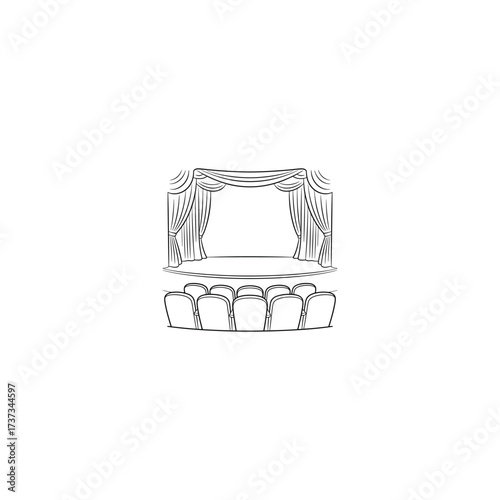 Abstract symmetrical black and white illustration of a stage with curtains and chairs
