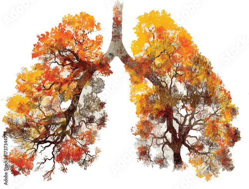 a stylized depiction of two trees in the shape of lungs, set against a white background, with vibrant orange and yellow colors