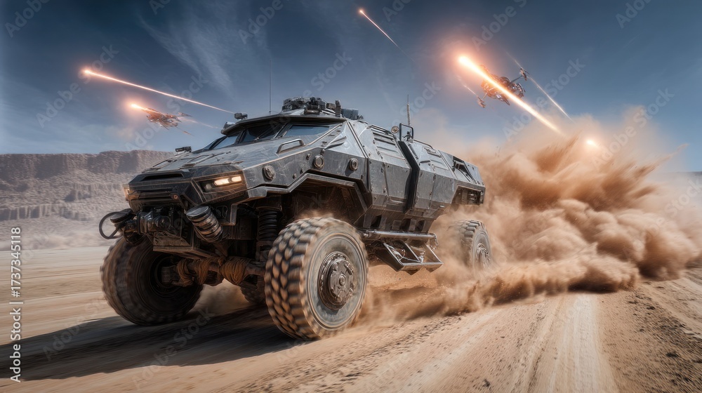 Fototapeta premium Armored vehicle firing in a desert environment