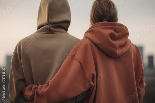 Two Friends in Oversized Hoodies Hugging from Side