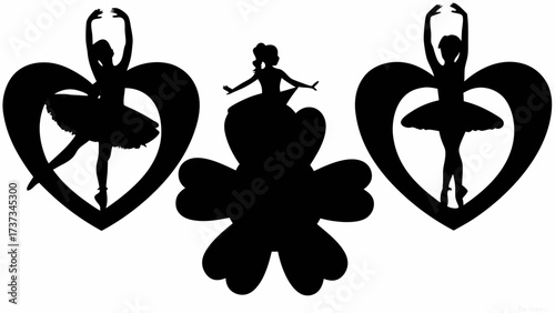 Graceful ballerinas dancing within heart silhouettes, celebrating ballet with love and passion in vector art