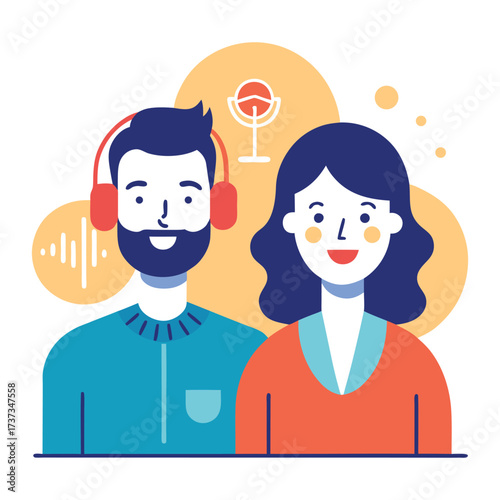 A friendly male podcaster wearing headphones and a female co host smiling ready to record an engaging audio show with a microphone and sound waves in the background