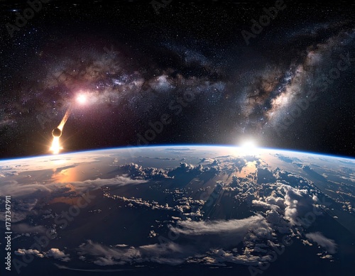 Earth view from space with re-entry and Milky Way