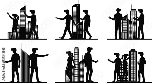 Virtual reality silhouettes, VR headset users, immersive cityscape interaction, digital collaboration,