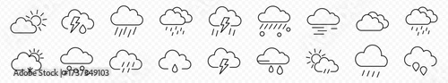 weather icon set. simple line icon containing clouds, rain, storm, snow, sun, moon and more. weather forecast icons for app ui and website. transparent vector. 