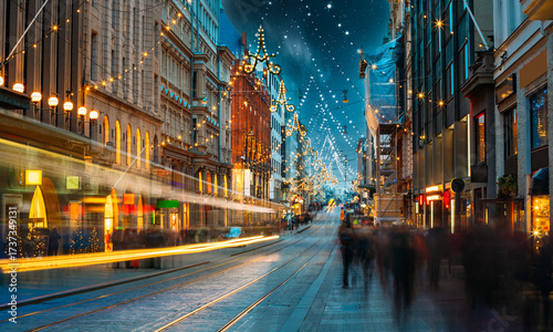 Helsinki, Finland. Trams Departs From Stop On Aleksanterinkatu Street. Night Evening Christmas Xmas New Year Festive Street Illumination. Decorations During Winter Holidays At Night. Night stars sky