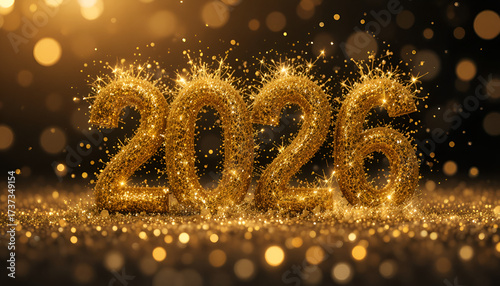 Glittering golden 2026 with sparkling confetti