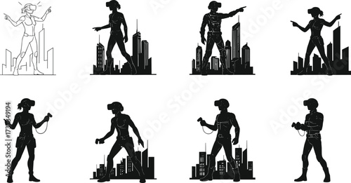 Virtual reality silhouettes, VR headset users, immersive technology, urban cityscape, digital