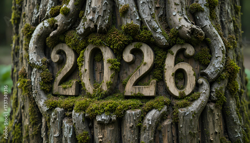Stone carved numbers 2026 with forest moss and roots