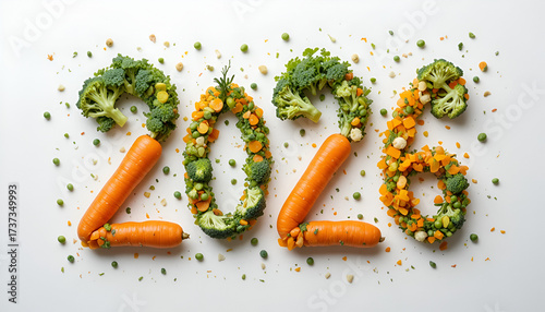 Vegetable typography with 2026 made of broccoli and carrots