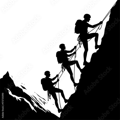 Team of Climbers Ascending a Rocky Cliff Silhouette"