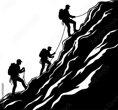 Team of Climbers Ascending a Rocky Cliff Silhouette"