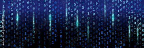 Blue binary rain background with glimmer and glowing light. Binary code with blue light.
