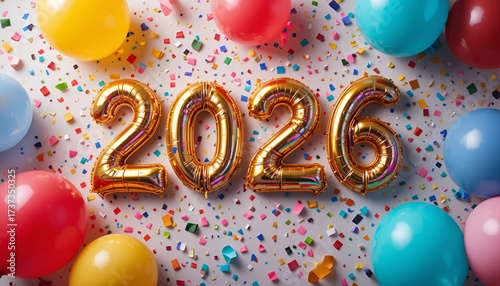 Golden balloon numbers 2026 with festive confetti background