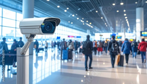 Surveillance camera monitors passenger activity in busy airport terminal during peak travel hours