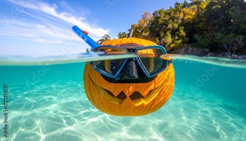 Pumpkin wearing snorkel and mask floats underwater in a clear tropical sea setting