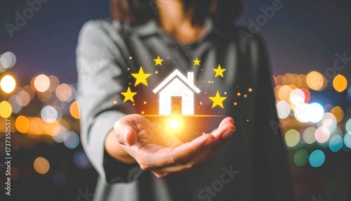 Home sale promotion with glowing house icon and stars held in hand at night