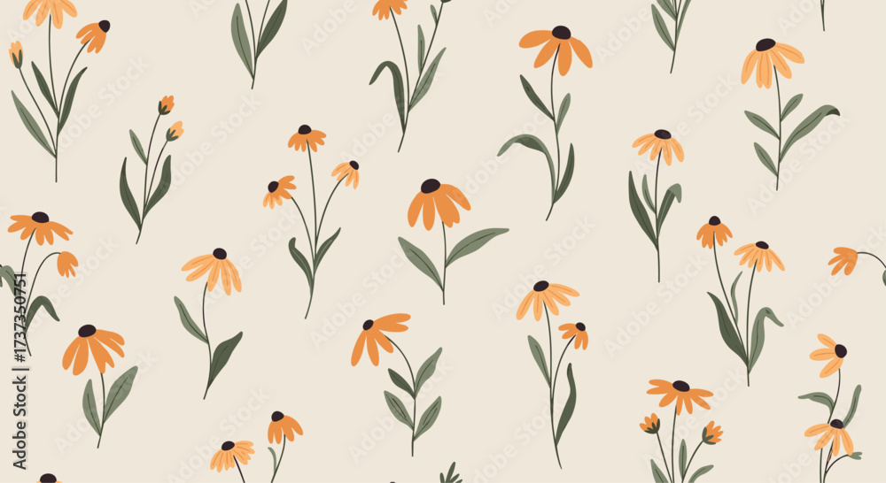 Fototapeta premium A delicate and charming pattern featuring scattered small yellow wildflowers with green stems and leaves.