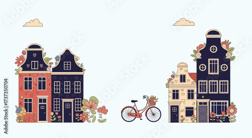 Charming pixel art scene featuring dutch houses and a bicycle.