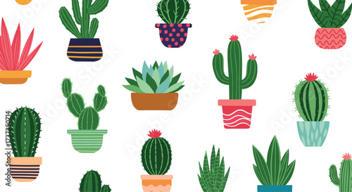 A colorful collection of potted succulents and cacti in various shapes and sizes.
