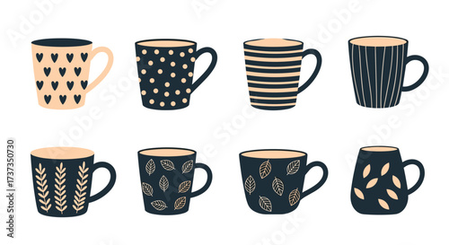 A collection of eight unique ceramic mugs with assorted patterns and designs