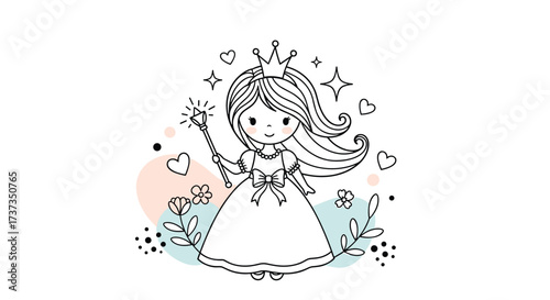 A cute little princess with a magic wand and a crown is ready to sprinkle some fairy dust.