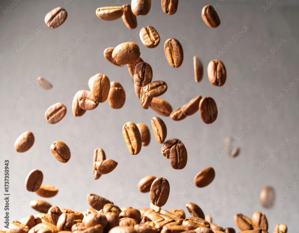 Obraz premium Roasted coffee beans falling against light background