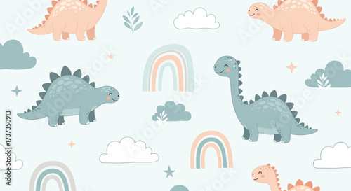 Cute cartoon dinosaurs with rainbows and clouds in a pastel pattern.