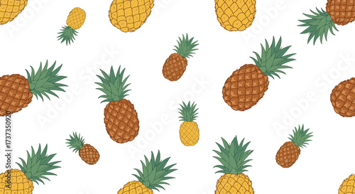 A delightful pattern of fresh pineapples scattered across a clean white background.