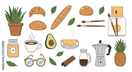 Cozy morning essentials featuring breakfast items and artistic tools.