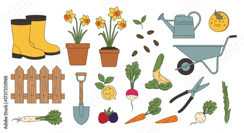 A charming collection of garden elements including plants tools and accessories.