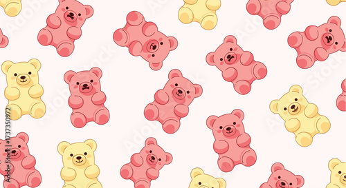 Adorable gummy bears in pink and yellow fill a delightful pattern on a soft background.