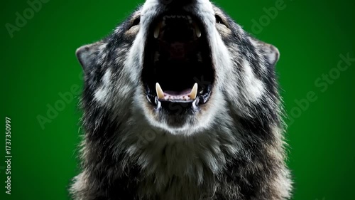 A dramatic wolf head howling directly towards the viewer, isolated on solid green background green screen, canine, voice