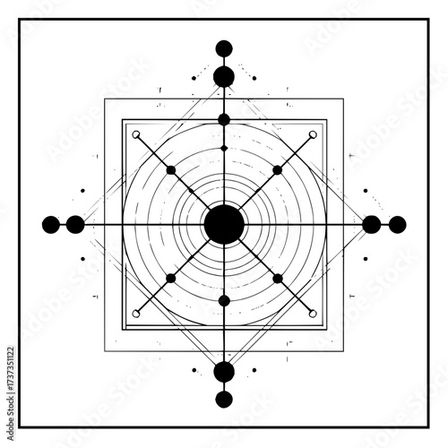 Geometric design featuring concentric circles squares and radial lines with spherical endpoints in black and white