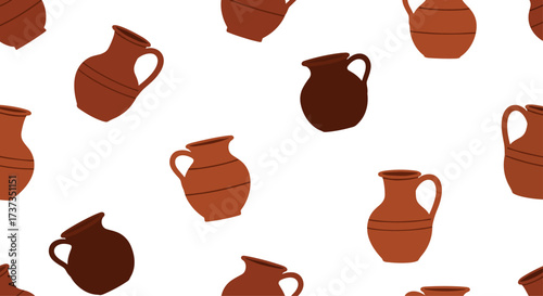 A seamless pattern of clay jugs and earthenware pots.