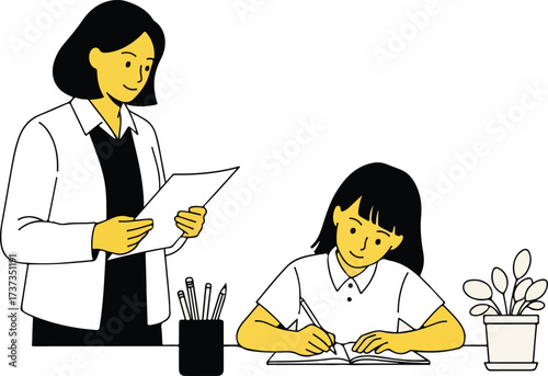 Illustration of teacher helping a student with homework isolated on white background