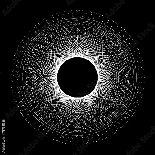 Circular white line pattern with a central black circle on a black background abstract design element