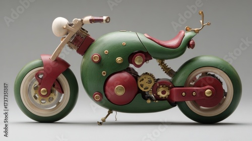 Vibrant Custom Motorcycle Design with Watermelon Colors and Intricate Carvings, Showcasing Unique Artistic Craftsmanship and Mechanical Details