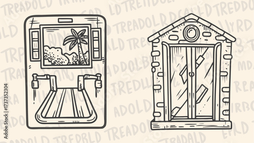 Doodle style illustration featuring a treadmill with a beach view and a stone shed with glass doors