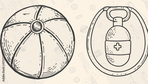 Illustration showing a beach ball with segmented design and a container with a plus sign design