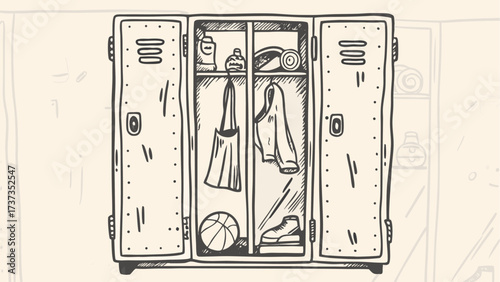 Illustration of an open locker with a basketball shoe jacket and other items inside a locker room space