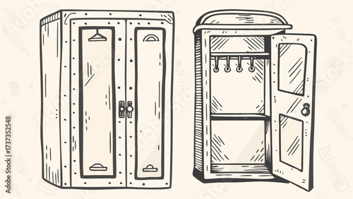 Illustration of two vintage wardrobes one closed and one open showing interior storage space and hanging rods