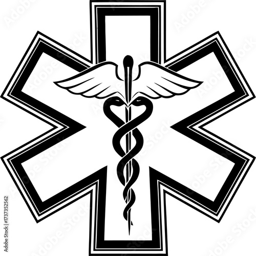 A simple black silhouette of the star of life medical emblem
