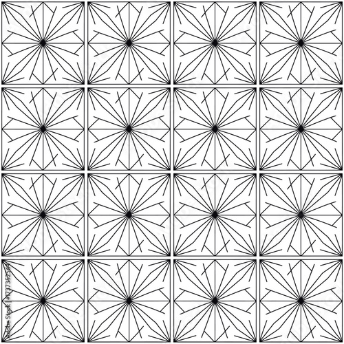 Vector seamless geometric pattern with black and white starburst tiles arranged in a grid design for modern abstract backgrounds