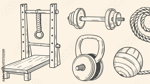 Illustration of a workout station with a bench, dumbbell, kettlebell, rope, and medicine ball equipment