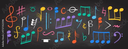 Crayon pastel or chalk music note signs doodle hand drawn symbol shapes set. Chalkboard textured musical symbols treble, bass clefs, pauses doodle collection.